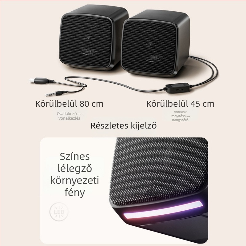 USB-asztali számítógépes sztereó hangfalak, két hangszóró, 5V, 6W, 3D Surround / Virtuális Surround, 3,5 mm bemenet, MP3 lejátszás