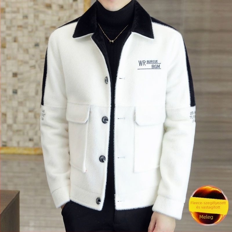 Koreai stílusú férfi rövid kabát, karcsúsított szabás, rövid hossz, turn-down gallér, egy soros záródás, fő anyag Rabbit Hair, Modal