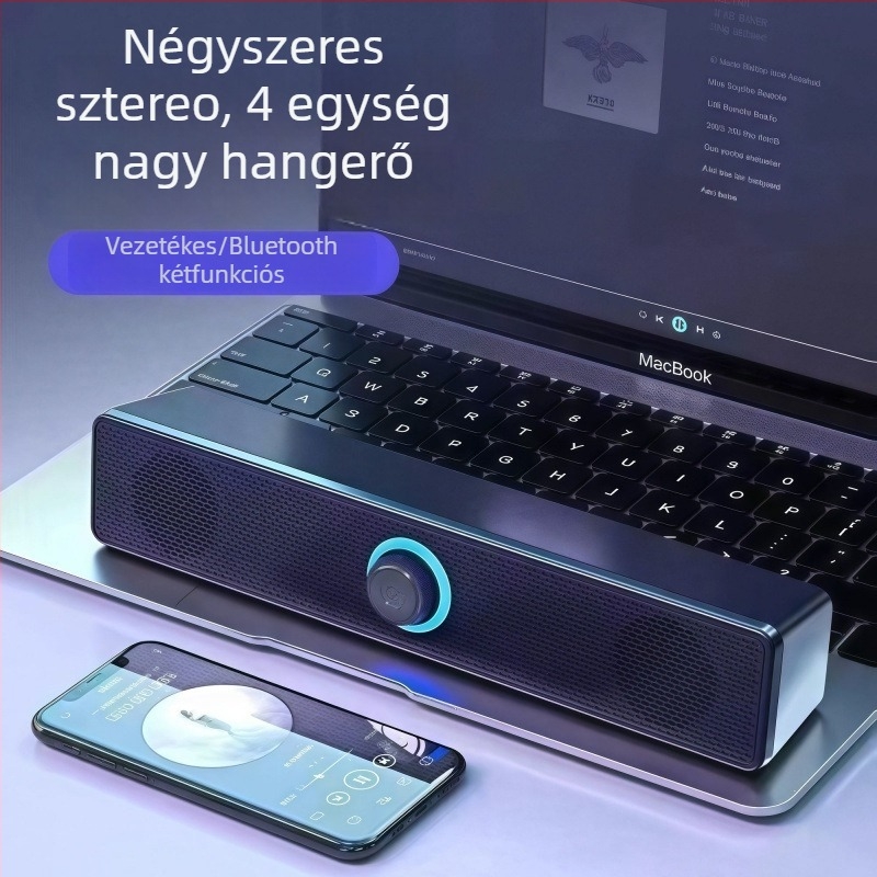 Asztali számítógépes hangrendszer erőteljes basszus, kettős hangszóróval, térhatású sztereó, alumínium ház, 40Hz-20kHz, SNR ≥100 dB