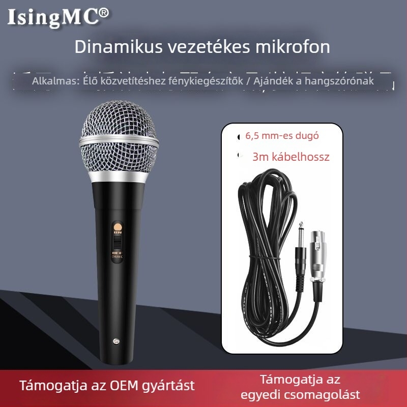 MQ-104 dinamikus, vezetékkel ellátott mikrofon háztartási/PC/karaoke használatra — 5V bemenet, 40 Hz–20 kHz frekvenciasáv, SNR ≥70 dB