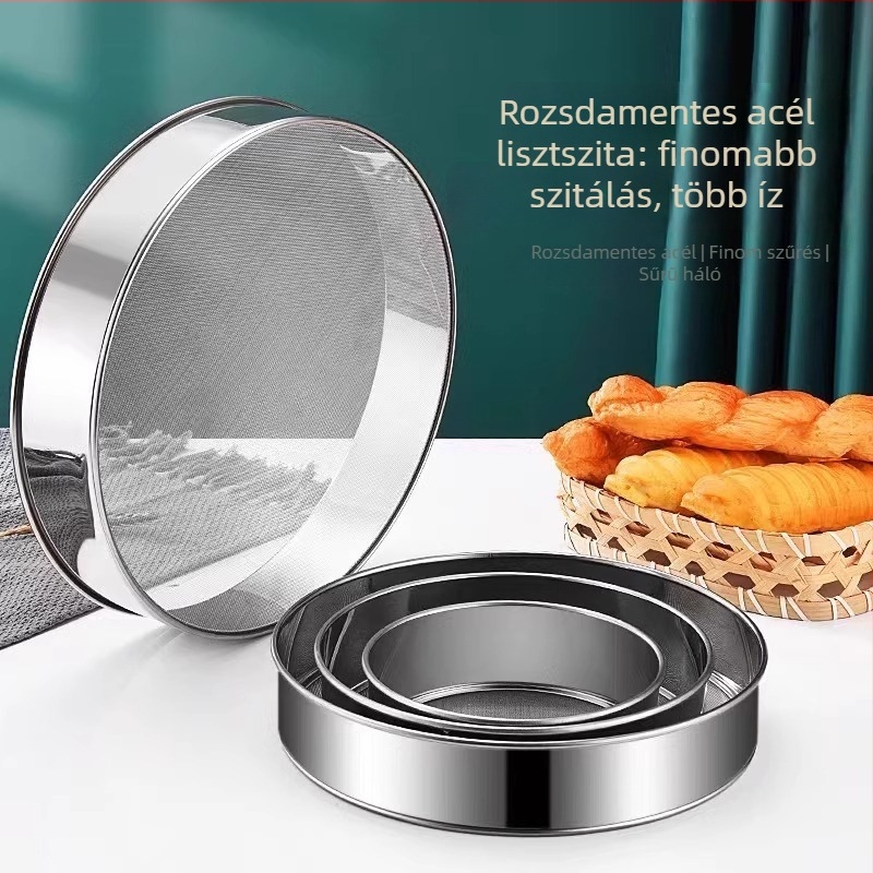 Rozsdamentes acél lisztszita, kézi, kör alakú, 40-mesh, háztartási használatra