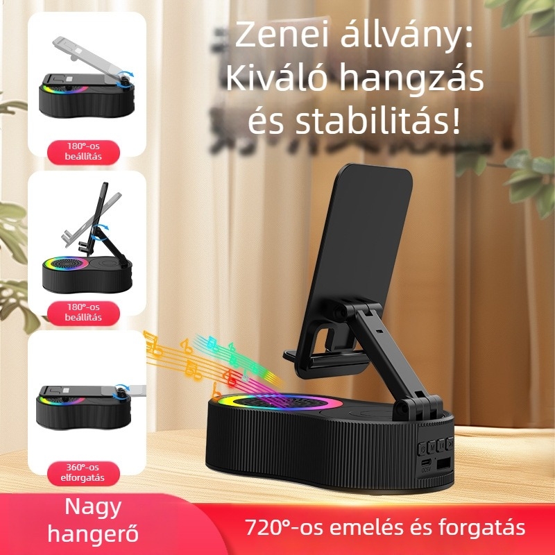 3 az 1-ben telefon-tartó Bluetooth hangszóróval és RGB fényekkel asztali használatra