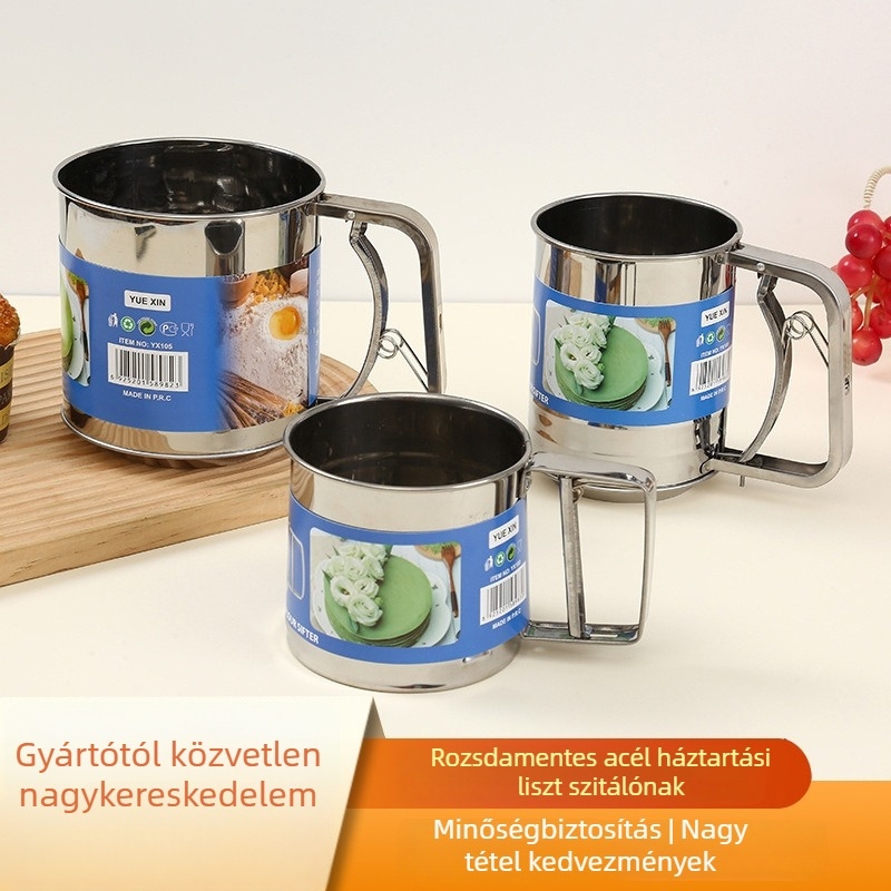 Rozsdamentes acél lisztszita háztartási konyhához, eszköz a sütéshez, modern minimalist dizájn, több változat