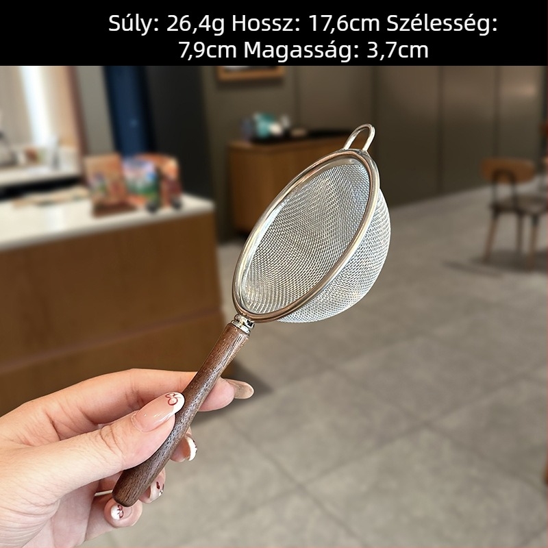 Rozsdamentes acél 304 lisztszitája diófa fogantyúval – finom háló, csúszásmentes konyhai szűrő szójatejhez