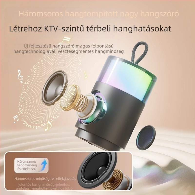 Karaoke mikrofon és Bluetooth hangszóró — IPX7 vízálló, beépített akkumulátor 1000–1200 mAh, 5W teljesítmény, Bluetooth 5.3, frekvenciatartomány 100 Hz–20 kHz