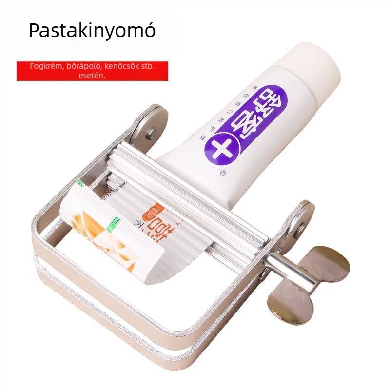 Kézi, fém fogkrémnyomó eszköz, rozsdamentes acélból, klip-stílusú pasztanyomó (Anyag: rozsdamentes acél; Működés: kézi; Alkalmazás: fogkrém és hajfesték paszták)