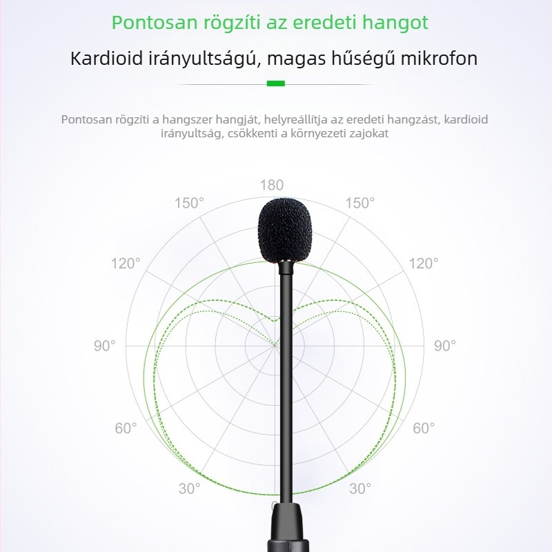 Aishangda DT-5 hangszer mikrofon beépített akkumulátorral, frekvenciatartomány 30 Hz–15 kHz, SNR ≥85 dB, üzemidő 6–8 óra