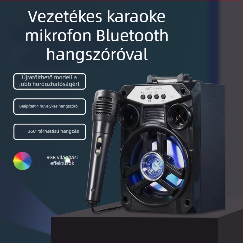 Hordozható Bluetooth karaoke hangszóró beépített mikrofonnal, TF kártya bemenettel, LED világítással, 5W, Bluetooth 5.0, beépített akkumulátor.