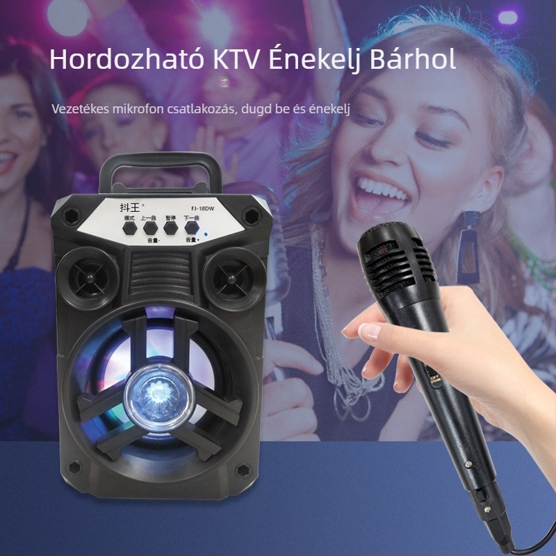 Hordozható Bluetooth karaoke hangszóró beépített mikrofonnal, TF kártya bemenettel, LED világítással, 5W, Bluetooth 5.0, beépített akkumulátor.
