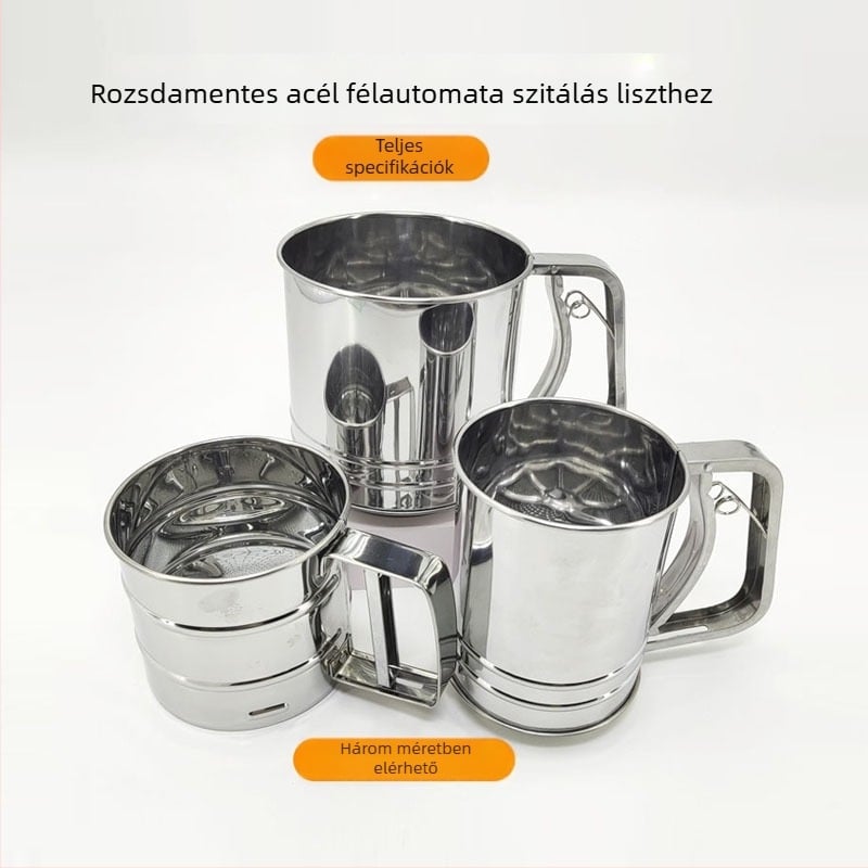 Rozsdamentes acélból készült lisztszitáló finom hálóval, kézben tartható konyhai szűrő