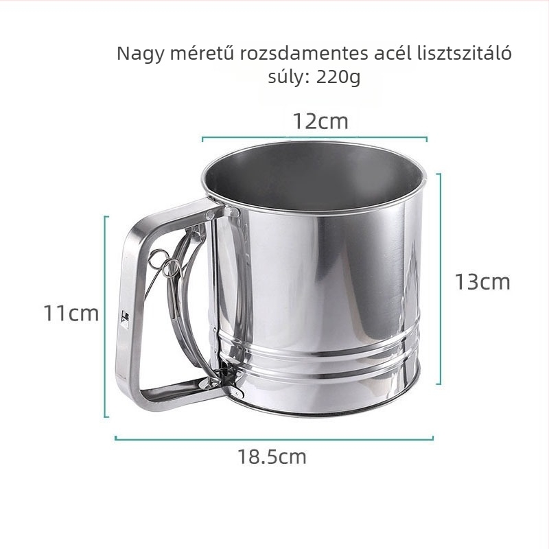 Rozsdamentes acélból készült lisztszitáló finom hálóval, kézben tartható konyhai szűrő