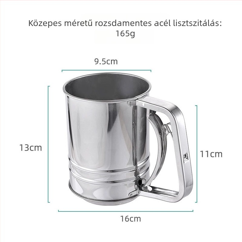 Rozsdamentes acélból készült lisztszitáló finom hálóval, kézben tartható konyhai szűrő