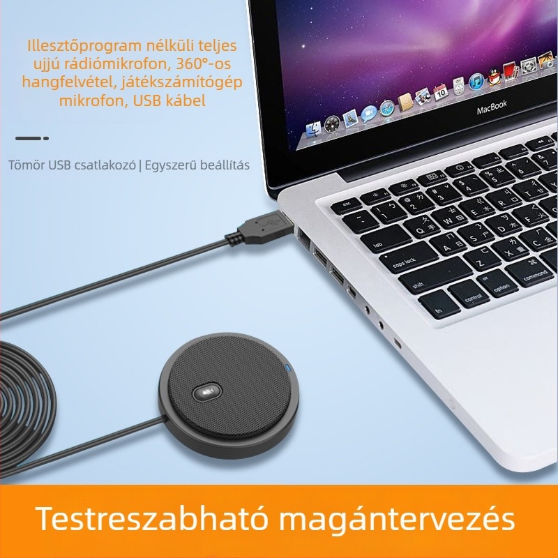 Illesztőprogram nélküli USB-vezetékes konferenciamikrofon 360°-os felvétellel – omnidirekcionális, zajcsökkentés, frekvenciasáv 100 Hz–20 kHz, SNR ≥60 dB