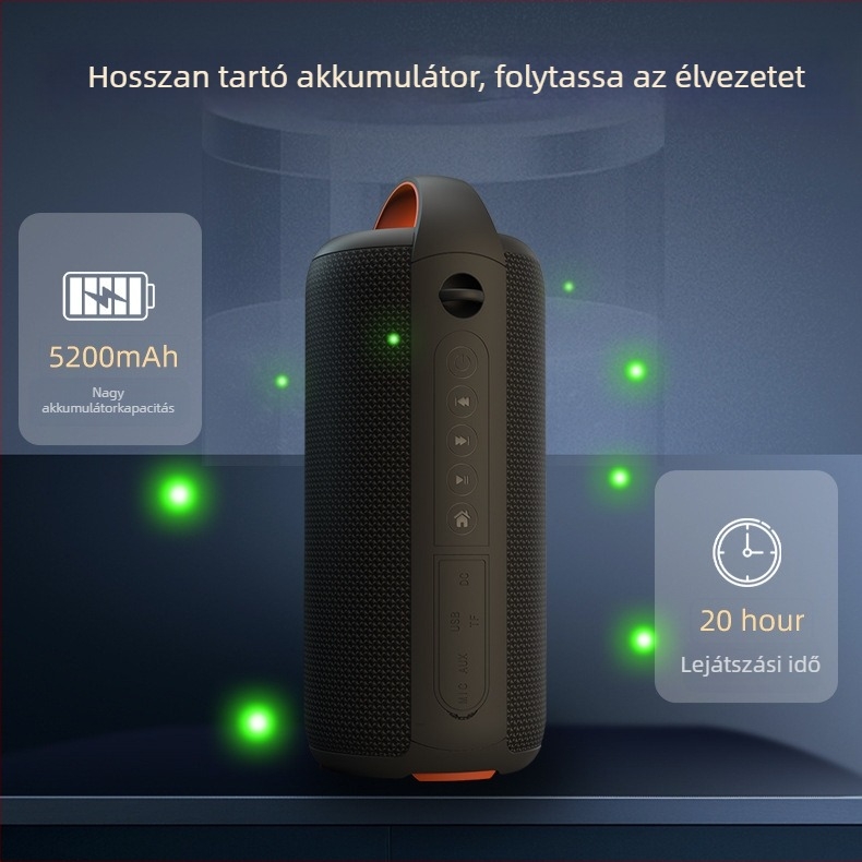 Nagy teljesítményű Bluetooth hangszóró, IPX6 vízálló, 20W kimenet, beépített 4000–6000 mAh akkumulátor, Bluetooth 5.1, frekvenciaválasz 100 Hz–20 kHz