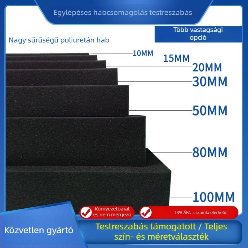 Fekete nagy sűrűségű szivacs, különböző méretek vágáshoz és fehér szivacs feldolgozása.