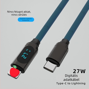 PD adatkábel Lightning és Type-C csatlakozókkal, 66W gyors töltés digitális kijelzővel, 1–2 m hosszúságú