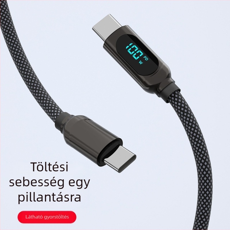 PD adatkábel Lightning és Type-C csatlakozókkal, 66W gyors töltés digitális kijelzővel, 1–2 m hosszúságú