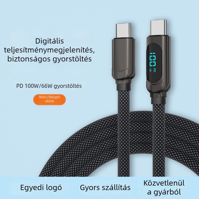 PD adatkábel Lightning és Type-C csatlakozókkal, 66W gyors töltés digitális kijelzővel, 1–2 m hosszúságú