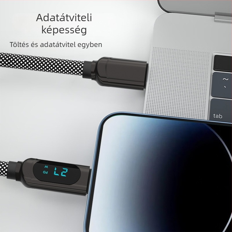 PD adatkábel Lightning és Type-C csatlakozókkal, 66W gyors töltés digitális kijelzővel, 1–2 m hosszúságú