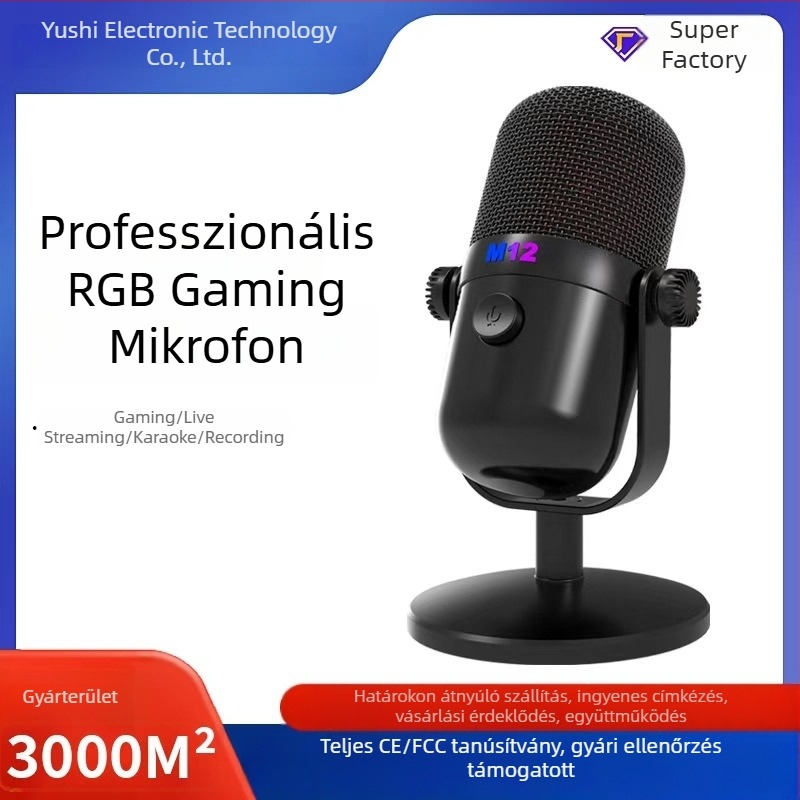 M12 USB kondenzátoros mikrofon diszkállvánnyal, RGB gradiens világítással, zajcsökkentés felvételhez és élő közvetítéshez, 30 Hz–15 kHz, SNR ≥70 dB