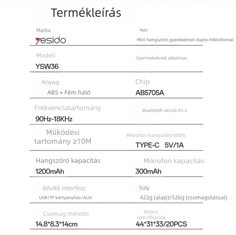 Yesido vezeték nélküli Bluetooth hangszóró gyermekeknek, hordozható karaoke mikrofonnal és mélynyomóval, minden egyben erősítő