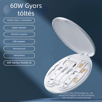 rc-190 Univerzális adatkábeltároló doboz – 60W gyors töltés, kábelkészlet több interfésszel: Lightning, USB-C, Micro USB, USB