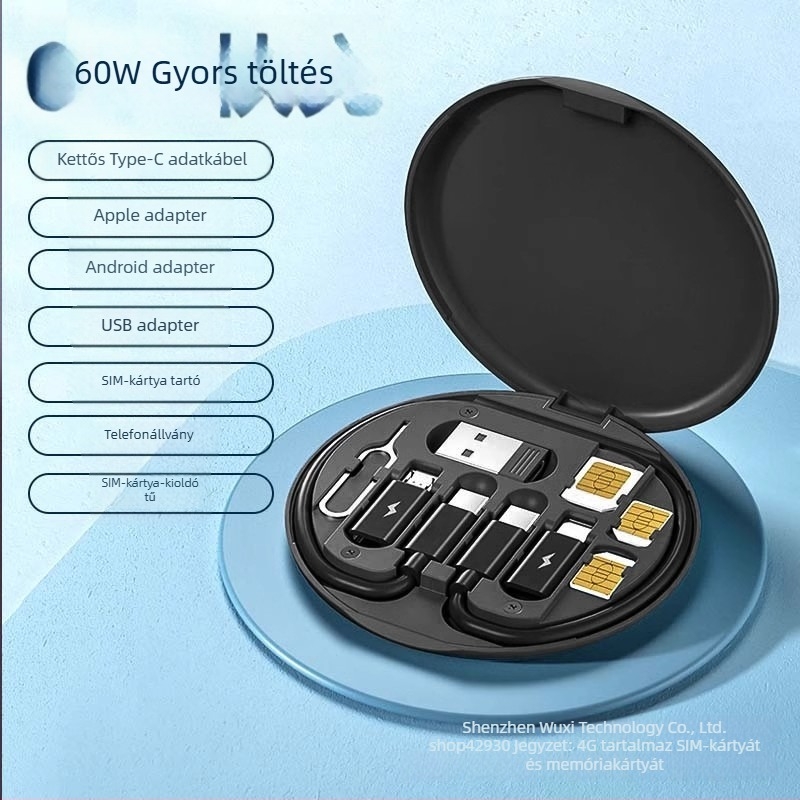 rc-190 Univerzális adatkábeltároló doboz – 60W gyors töltés, kábelkészlet több interfésszel: Lightning, USB-C, Micro USB, USB