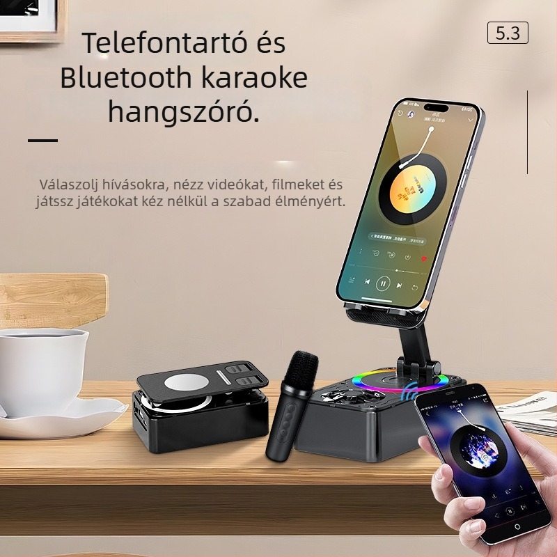 Bluetooth hangszóró telefon-tartóval és karaoke mikrofon, beépített akkumulátor 100–300 mAh, 5W, USB tápellátás, Bluetooth 5.3, frekvenciatartomány 60 Hz–15 kHz
