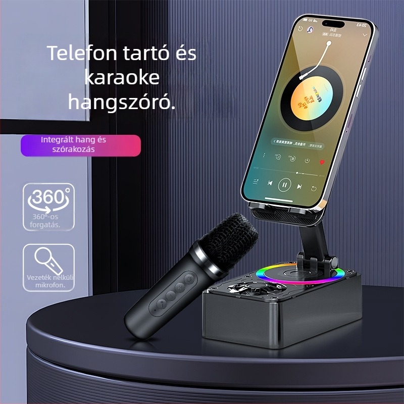 Bluetooth hangszóró telefon-tartóval és karaoke mikrofon, beépített akkumulátor 100–300 mAh, 5W, USB tápellátás, Bluetooth 5.3, frekvenciatartomány 60 Hz–15 kHz