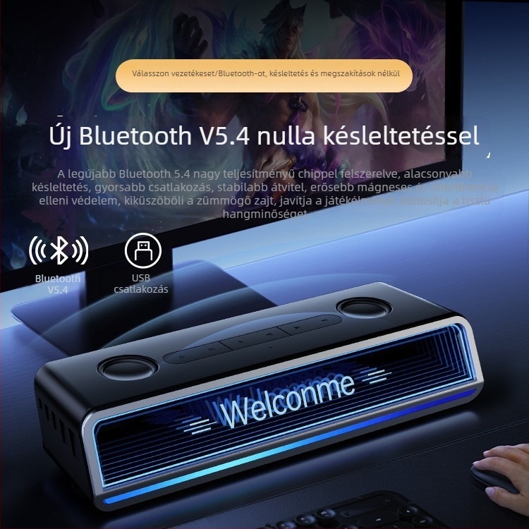 Asztali Bluetooth számítógépes hangszórók, 2.0 sztereó, mély basszus, RGB világítás, beépített akkumulátor, USB-C tápegység