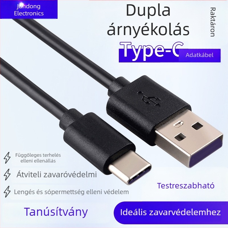USB-C dupla árnyékolású adatkábel, 4 magos alumínium-magnézium vezető, zajellenállás, hosszabbító és töltőkábel