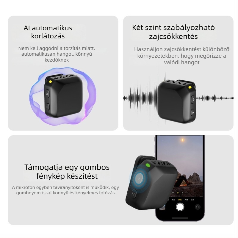 D18 AI zajcsökkentéses lavalier mikrofon élő közvetítéshez - mágneses klipekkel, vezetékes, kétcsatornás, 100 Hz–20 kHz, SNR ≥75 dB, beépített 300–500 mAh akkumulátor, 3–6 h üzemidő, kompatibilis Apple és Android