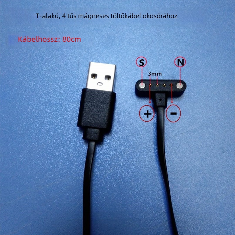 Mágneses töltő- és adatkábelt okosóra karkötőkhöz, T-alakú, 4 tűs, 80 cm hosszú, 3,0 mm távolság