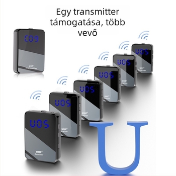 UHF vezeték nélküli fülmonitorozó rendszer adóval és vevővel, 2 csatornás, zajcsökkentés, frekvenciasáv 60Hz-15kHz, SNR ≥75dB, üzemidő 6–8 óra, cserélhető akkumulátor, Plug-and-Play