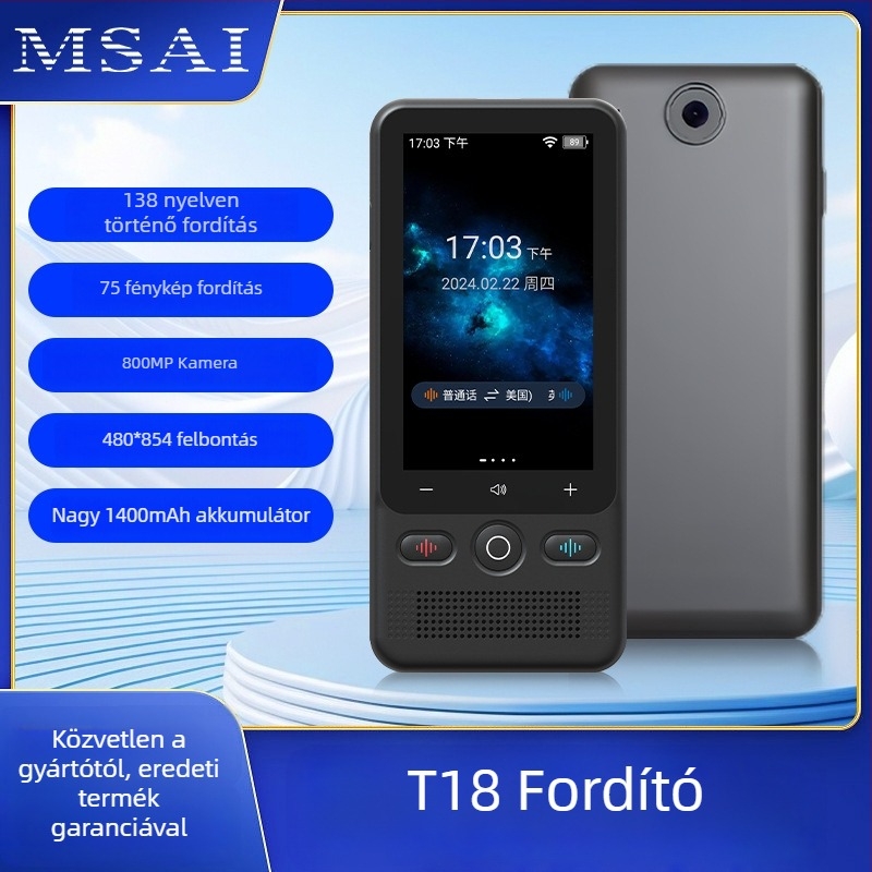 Hordozható intelligens beszédfordító Android OS-sel, Bluetooth, 10 m vezeték nélküli hatótávolság, 1500 mAh akkumulátor, érintőképernyő + fizikai gombok, Modell T18
