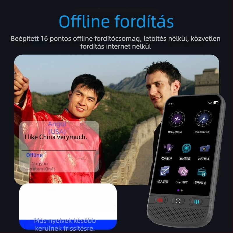 Valós idejű párbeszédfordító többnyelvű szinkronos fordítással, F6 Chinese Version modell, ABS tokház, újratölthető Li-ion akkumulátor, 8W hangszóró, hang ismétlése támogatott