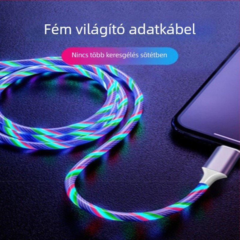 Fémes fénycsóvás adatkábel USB-C-hez iPhone-hoz és Androidhoz, szilikonból, 1 m hosszú, 2,4 A gyors töltés, intelligens automatikus kikapcsolás, kék