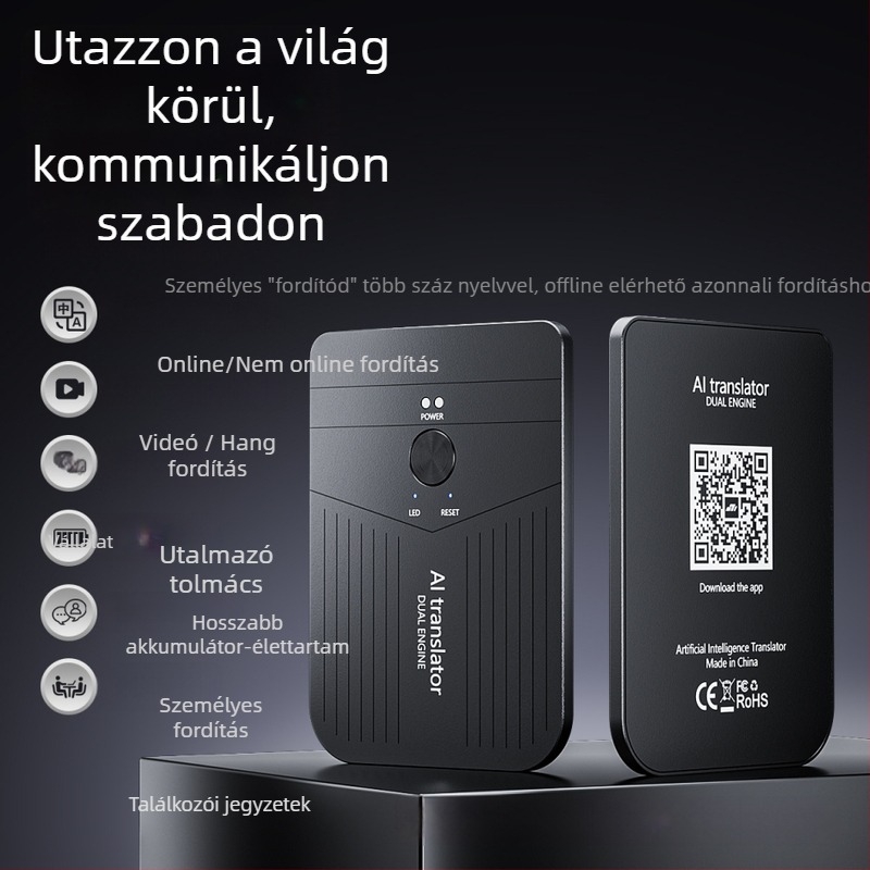 Mobil fordító, offline valós idejű fordítás és szimultán tolmácsolás, Bluetooth-kapcsolatú alkalmazás, PC+alumínium ötvözet burkolat