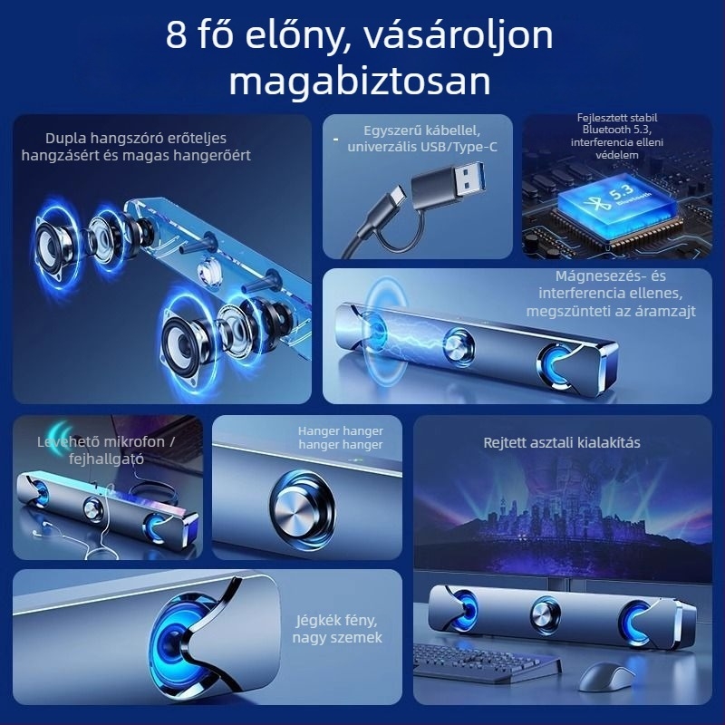 Asztali Bluetooth hangszóró mikrofonnal, 2.0 csatornás, 3W, USB interfész PC-hez