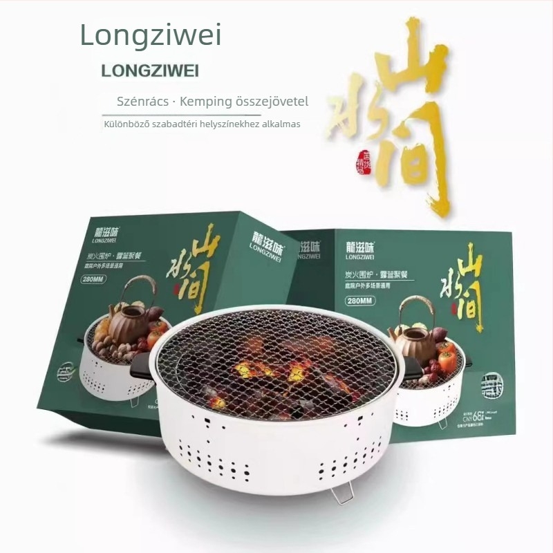 Hordozható kör alakú faszenes grill, alacsony széntartalmú acélhuzal szerkezettel, 2 kg súlyú, kültéri grillezéshez
