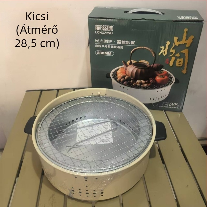 Hordozható kör alakú faszenes grill, alacsony széntartalmú acélhuzal szerkezettel, 2 kg súlyú, kültéri grillezéshez