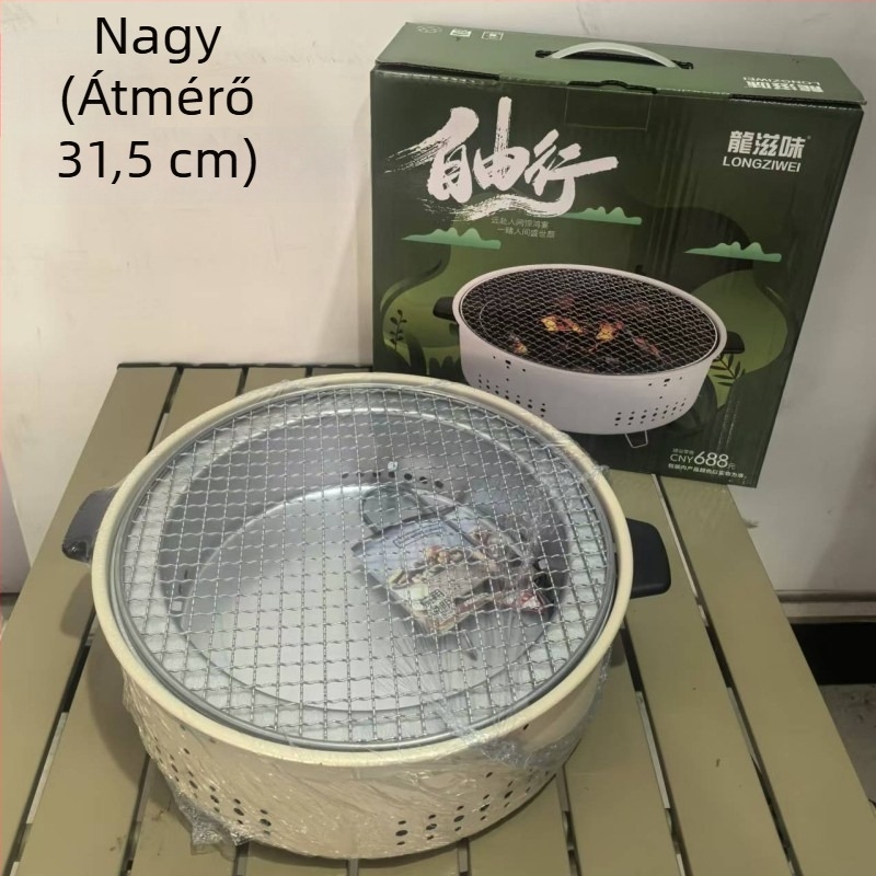 Hordozható kör alakú faszenes grill, alacsony széntartalmú acélhuzal szerkezettel, 2 kg súlyú, kültéri grillezéshez