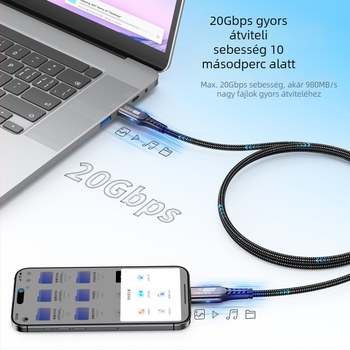 Type-C–to–Type-C USB 3.2 adatkábbel 20Gbps átvitellel, 100W PD gyorstöltés, kiváló teljesítményű chip