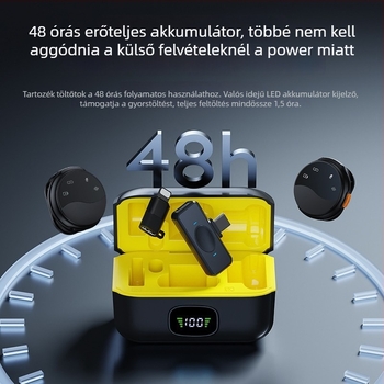 Q80 vezetékes lavalier mikrofon mágneses klippel — Condenser/Dinamikus, 100 Hz–20 kHz, SNR ≥70 dB, beépített 100–300 mAh akkumulátor, 3–6 h, plug-in kamerákhoz és interjúkhoz