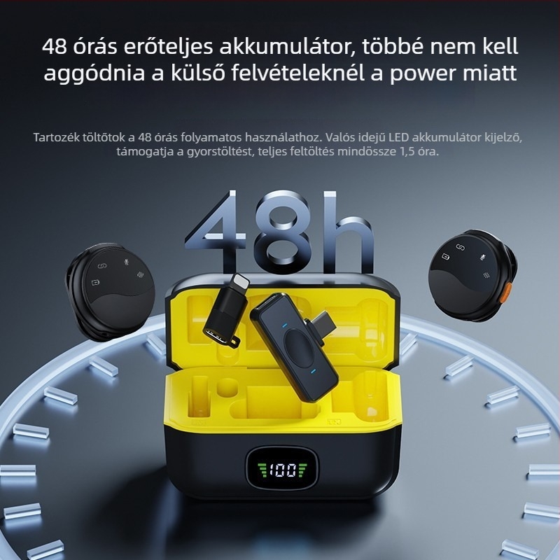 Q80 vezetékes lavalier mikrofon mágneses klippel — Condenser/Dinamikus, 100 Hz–20 kHz, SNR ≥70 dB, beépített 100–300 mAh akkumulátor, 3–6 h, plug-in kamerákhoz és interjúkhoz