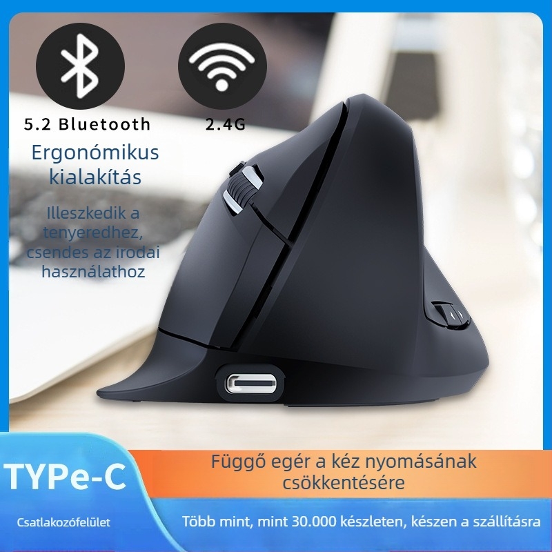 Ergonomikus vezeték nélküli függőleges egér Bluetooth-kapcsolattal, csendes gombokkal, 2.4G/Bluetooth kettős csatlakozás, 7 gomb, 1600 DPI, USB vevő mellékelve