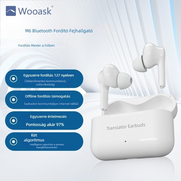 WOOASK M6 szimultán fordító fülhallgatók Qualcomm chippel, Bluetooth 5.0, 10 m vezeték nélküli hatótáv, töltőtok 500 mAh