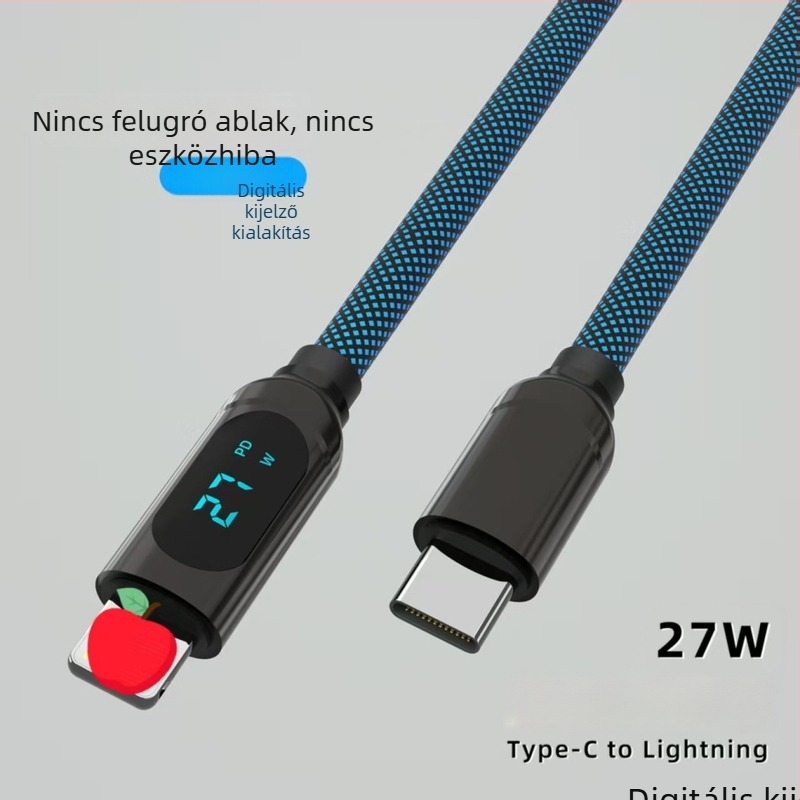 PD USB-C adatkábel kettős Type-C csatlakozóval, 27W gyors töltés digitális kijelzővel, több készülékkel kompatibilis