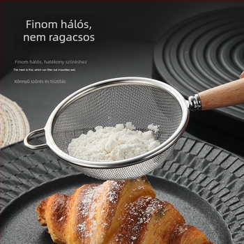 Liszt-szitáló 30-mesh rozsdamentes acélból, fa markolattal, csúszásmentes és hőálló konyhai eszköz