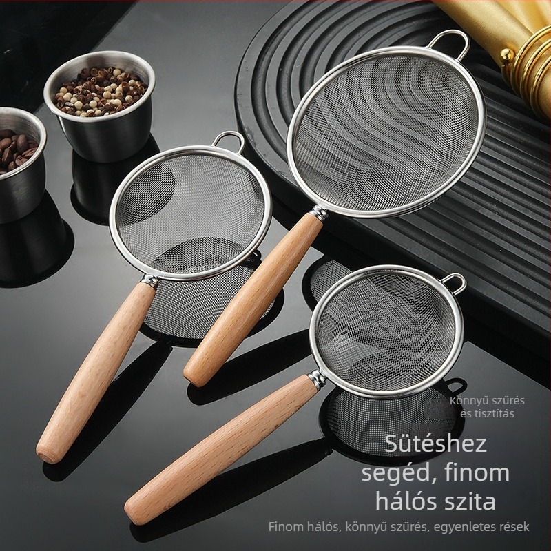 Liszt-szitáló 30-mesh rozsdamentes acélból, fa markolattal, csúszásmentes és hőálló konyhai eszköz